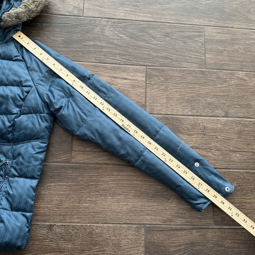 Columbia Down Puffer Jacket Women Medium Omni Shield Blue Hooded Faux Fur Trim - Picture 8 of 15